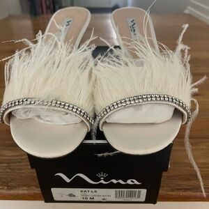 Nina Women's Cream Feathered Satin Mules